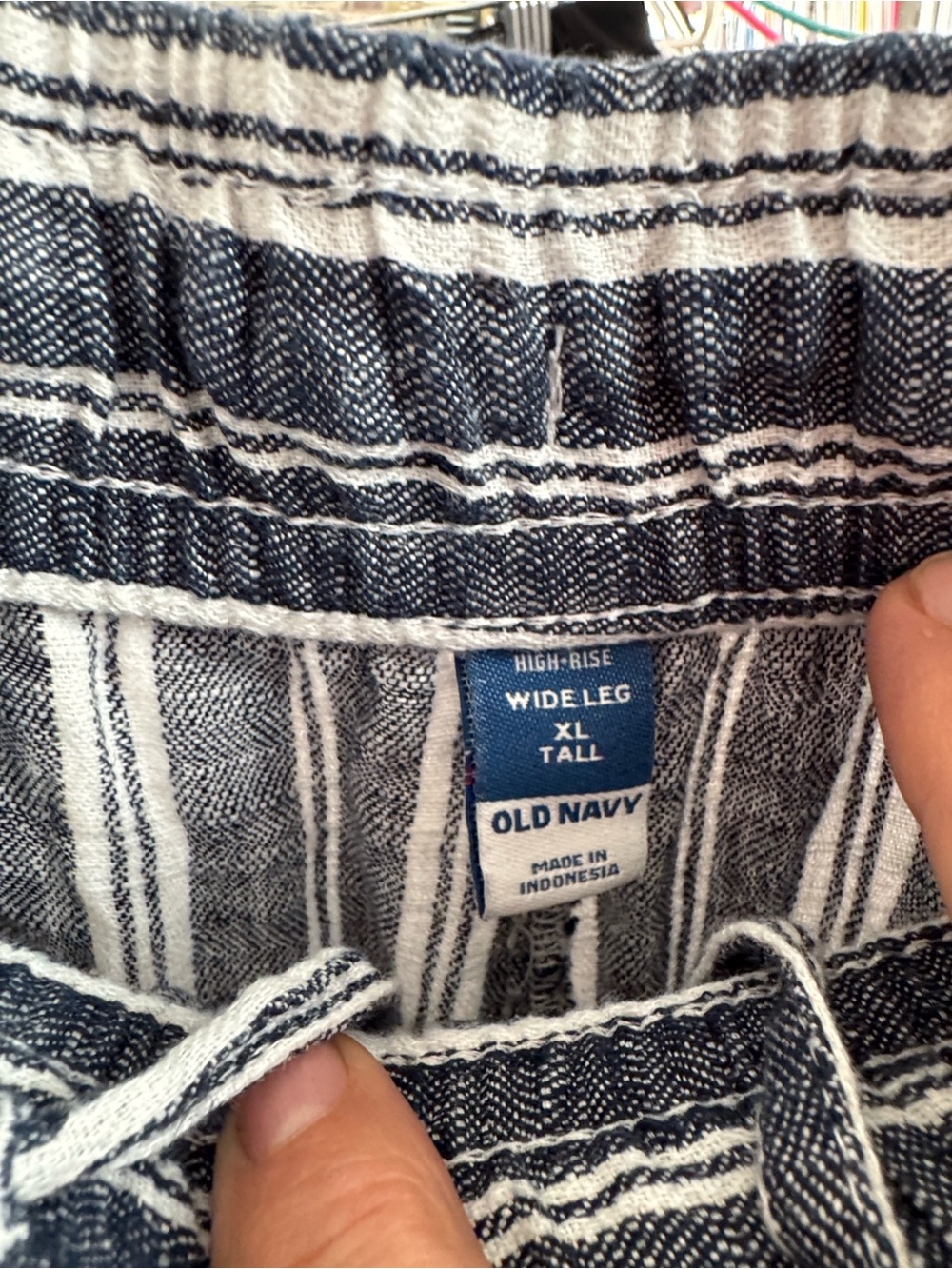 Old Navy High-Rise Wide-Leg Linen-Blend Pants denim blue & white stripe XL Tall - Picture 6 of 6